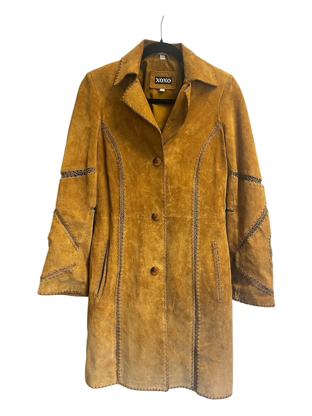 Vintage Y2K XOXO Tan Brown Leather Whipstitch Embroidered Coat Sz S